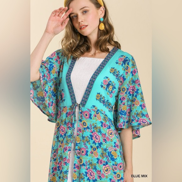 Umgee NWT Gypsy Boho Duster Teal Blue hippy bohemian Cardigan Kimono S M L - Picture 5 of 5